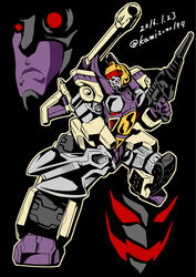  1boy blitzwing cannon commentary_request decepticon gun holding holding_weapon kamizono_(spookyhouse) machinery mecha no_humans photoshop_(medium) red_eyes robot sword transformers transformers_animated weapon 