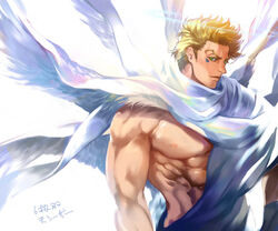  1boy abs angel_wings backlighting blonde_hair caesar_anthonio_zeppeli chaashuu commentary_request facial_mark green_eyes jojo_no_kimyou_na_bouken light male_focus multiple_wings muscular naked_scarf photoshop_(medium) scarf solo topless_male translated upper_body wings 