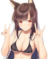  akagi_(azur_lane) alternate_costume animal_ears azur_lane bad_id bad_pixiv_id bangs bare_shoulders bikini black_bikini blush breasts brown_hair cleavage collarbone commentary_request eyebrows_visible_through_hair eyeshadow fox_ears hands_up highres kisshii_(kic1224) long_hair looking_at_viewer makeup medium_breasts red_eyes sidelocks simple_background smile solo swimsuit tareme white_background 