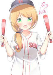  absurdres baseball_bat baseball_cap blonde_hair blush boston_red_sox buttons clothes_writing collarbone commentary_request ellen_baker female go-1 green_eyes hair_over_shoulder hair_ribbon hat heart highres holding long_hair looking_at_viewer low_ponytail major_league_baseball new_horizon open_mouth ribbon shirt short_sleeves solo sportswear upper_body white_background 