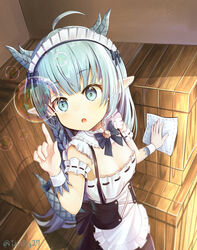  :o absurdres ahoge apron arm_garter black_bow black_bowtie black_skirt blue_bow blue_eyes blue_hair blurry blush bow bowtie braid breasts bubble cleaning cleavage commentary cowboy_shot crate detached_collar dragon_girl dragon_horns dragon_tail dustcloth exitb female frilled_apron frills from_above hairbow hand_up highres holding horns index_finger_raised indoors king&#039;s_raid lilia_(king&#039;s_raid) long_hair looking_at_viewer maid maid_apron maid_headdress miniskirt parted_lips pointy_ears ribbon_trim shirt sidelocks skirt sleeveless sleeveless_shirt small_breasts solo standing tail tareme twitter_username very_long_hair white_apron white_shirt wrist_cuffs 