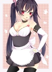  black_hair bloodcatblack blush female female gloves highres long_hair original red_eyes solo thighhighs twintails waitress 