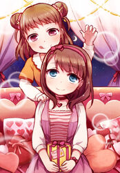  2girls :p blue_eyes blush bow bracelet brown_hair choker commentary_request couch curtains double_bun dress earrings gift groping_motion hair_bun hairband heart idolmaster idolmaster_cinderella_girls jewelry moon multiple_girls munakata_atsumi night pillow purple_eyes sakuma_mayu short_hair smile tongue tongue_out udon_(memai_no_kabe) 