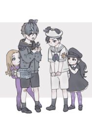  2boys 2girls :o aged_down bag bandaid bandaid_on_knee bandaid_on_leg beetle black_dress black_hair bodysuit brother_and_sister bug closed_eyes commentary_request doll dress hair_ornament hairclip hat higashikata_hato higashikata_jobin jojo_no_kimyou_na_bouken jojolion kira_yoshikage_(jojolion) light_brown_hair lolicon multiple_boys multiple_girls nijimura_kei open_mouth pantyhose reammara rhinoceros_beetle sailor sailor_hat shorts siblings smile star_(symbol) star_print 