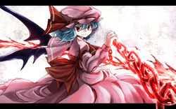  ascot bad_id bad_pixiv_id bat_wings blue_hair bow chains commentary_request female fourth_wall gradient_background hat hat_ribbon juliet_sleeves letterboxed long_sleeves looking_at_viewer miserable_fate mob_cap puffy_sleeves red_eyes remilia_scarlet ribbon short_hair skirt skirt_set smile solo spear_the_gungnir touhou waira wings 