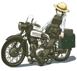  androgynous artist_request black_eyes black_hair female hat hermes kino kino_no_tabi luggage motorcycle pouch_bags short_hair solo tagme vehicle 