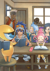  2girls 4boys absurdres age_difference black_hair blue_eyes blue_hair book cigar esper esper_(saga_2) facial_hair female glasses goatee highres human_(saga_2) male mask multicolored_hair multiple_boys multiple_girls peeking_out pink_hair saga saga_2 school shirt sitting sleeveless sleeveless_shirt square_enix sweatdrop teacher_(saga_2) two-tone_hair two-toned_hair white_hair 