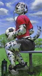  2017 anthro ass ball biped blue_eyes bottomwear butt_pose canid canine canis clothed clothing dalmatian domestic_dog furgonomics hi_res holding_object looking_at_viewer male mammal pose shirt shorts sitting smile soccer_ball solo t-shirt tacklebox tail tail_motion tailwag topwear whistle_(disambiguation) whistle_(object) 