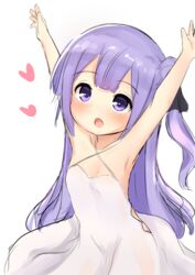  :o \o/ armpits arms_up azur_lane bare_arms bare_shoulders black_ribbon blush commentary_request criss-cross_halter dress female hair_bun hair_ribbon halterneck heart highres long_hair looking_at_viewer neko_miyabi_(artist) one_side_up open_mouth outstretched_arms purple_eyes purple_hair ribbon simple_background single_hair_bun single_side_bun solo unicorn_(azur_lane) very_long_hair white_background white_dress 