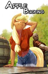  2015 anthro apple applejack_(mlp) barrel bottomwear clothed clothing cowboy_hat denim denim_clothing duo earth_pony english_text equid equine female food freckles friendship_is_magic fruit hair hasbro hat hattonslayden headgear headwear hi_res horse human male mammal midriff my_little_pony outside plant pony ponytail pose shirt shorts text tied_shirt topwear unbuttoned 