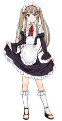  breasts brown_hair choker commentary_request elf female fuji_shinobu kneehighs long_hair maid maid_headdress myucel_foalan outbreak_company pointy_ears purple_eyes sandals skirt_hold small_breasts smile socks solo twintails 