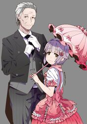  1boy bad_id bad_pixiv_id blunt_bangs brown_eyes dress female formal grey_hair idolmaster idolmaster_cinderella_girls koshimizu_sachiko looking_at_viewer parasol purple_hair short_hair simple_background standing suit umbrella yadokugaeru 