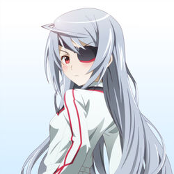  blush commentary_request eyepatch female grey_hair infinite_stratos laura_bodewig long_hair looking_at_viewer looking_back military military_uniform red_eyes solo spiceg uniform 