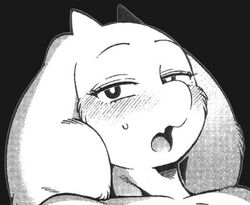  anthro big_ears black_and_white blush boss_monster_(undertale) bovid caprine close-up eyelashes female horn kemono looking_at_viewer mammal mature_anthro mature_female monochrome open_mouth sindoll tongue toriel undertale undertale_(series) 