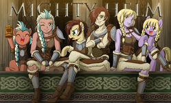  alternate_species blonde_hair blue_eyes braided_hair brown_hair closed_(disambiguation) detailed_background ear_piercing eyelashes female feral green_eyes group hair hasbro hi_res human humanized mammal my_little_pony piercing sitting smile uotapo 