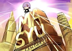  20th_century_studios blush chibi commentary_request elizabeth_tower expressionless fate/grand_order fate_(series) female hair_over_one_eye leaning_tower_of_pisa mash_kyrielight navel parody purple_hair sen_(astronomy) short_hair solo 