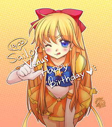  ;p aino_minako bishoujo_senshi_sailor_moon bishoujo_senshi_sailor_moon_stars blonde_hair blue_eyes bow brooch character_name choker commentary cowboy_shot dated earrings elbow_gloves fch2009 female gloves gradient_background hairbow half_updo happy_birthday heart jewelry leaning_forward long_hair magical_girl one_eye_closed orange_background orange_sailor_collar orange_skirt photoshop_(medium) pointing red_bow sailor_collar sailor_senshi_uniform sailor_venus skirt solo speech_bubble star_(symbol) star_brooch star_earrings super_sailor_venus_(stars) tiara tongue tongue_out white_gloves 