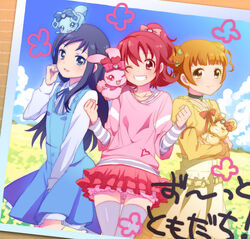  3girls aida_mana blue_eyes blue_hair blue_sky blush bow commentary_request day dokidoki!_precure grin half_updo hishikawa_rikka long_hair multiple_girls one_eye_closed orange_eyes orange_hair photo_(object) photoshop_(medium) pink_bow pink_eyes pink_hair pink_shirt precure rakeru_(dokidoki!_precure) rance_(dokidoki!_precure) shakeko_(shake5) sharuru_(dokidoki!_precure) shirt short_hair sky sleeping smile thighhighs yellow_eyes yotsuba_alice zettai_ryouiki 