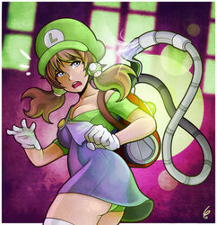  blue_eyes blush breasts brown_hair cleavage commentary_request dress female flying_sweatdrops genderswap_(mtf) gloves green_panties hair_ornament hat long_hair louis_lloyd-judson luigi luigi&#039;s_mansion mario_(series) medium_breasts mushroom panties pantyshot poltergust_5000 rule_63 solo standing suspenders thighhighs twintails underwear vacuum_cleaner wardrobe_malfunction white_gloves white_thighhighs you&#039;re_doing_it_wrong 