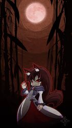  animal_ears aura brooch brown_hair commentary_request dress female fingernails full_moon highres imaizumi_kagerou jewelry long_fingernails long_hair long_sleeves moon nj42u6 oerba_yun_fang photoshop_(medium) red_eyes red_moon slit_pupils smile solo tail touhou wide_sleeves wolf_ears wolf_tail 