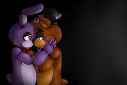  00kaori00 animatronic anthro bear bodily_fluids bonnie_(fnaf) bow_(feature) bow_tie clothing crying duo five_nights_at_freddy&#039;s freddy_(fnaf) grey_background hat headgear headwear hi_res lagomorph leporid machine male mammal rabbit robot scottgames simple_background tears top_hat 