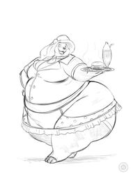  1950s 3:4 anthro ass bear beverage big_butt big_moobs burger clothed clothing costume diner femboy food fries giant_panda gillpanda hi_res honey_b host huge_butt male mammal milkshake monochrome moobs obese obese_anthro obese_male overweight overweight_anthro overweight_male restaurant shake smile solo tray uniform waiter 