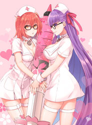  2girls :o ahoge alternate_costume arm_tattoo bb_(bb_shot!)_(fate) bb_(bb_shot!)_(fate)_(cosplay) bb_(fate) bb_(fate/extra) bb_(fate/extra)_(cosplay) bespectacled black-framed_eyewear blue_hair blunt_bangs breasts choker cleavage closed_mouth collarbone command_spell commentary_request cosplay cowboy_shot fate/extra fate/extra_ccc fate/grand_order fate_(series) fujimaru_ritsuka_(female) garter_straps glasses hair_between_eyes hair_ribbon hat heart jewelry large_breasts long_hair medium_breasts multicolored_hair multiple_girls nail_polish nurse nurse_cap oversized_object pendant pink_background pink_eyes pink_nails pink_ribbon profile purple_hair ribbon shidomura short_sleeves simple_background skindentation smile standing straight_hair tattoo thigh_strap thighs two-tone_hair very_long_hair wrist_cuffs yellow_eyes 