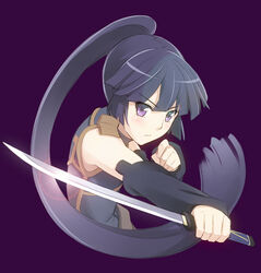  akatsuki_(log_horizon) detached_sleeves female korisei lens_flare log_horizon long_hair ninjatou ponytail purple_background purple_eyes purple_hair short_sword simple_background solo sword weapon 