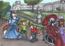  anthro breasts canid canine cleavage clothed clothing dress faelis felid female fox fully_clothed group hat headgear headwear hi_res lolicon male mammal mephitid outside parasol park pictures_at_an_exhibition skunk twillight_(twillightskunk) young young_anthro 