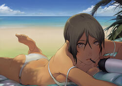  beach bikini brown_eyes brown_hair null_(chronix) original swimsuit tan_lines 