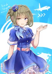  aircraft airplane belt belt_buckle blue_background blue_dress blue_eyes blue_scarf blush bow brown_hair buckle character_name chii_(sbshop) commentary_request dress female flight_attendant frills gloves green_eyes hand_up hat heterochromia highres idolmaster idolmaster_cinderella_girls looking_at_viewer mini_hat mole mole_under_eye neckerchief parted_lips scarf short_hair short_sleeves skirt smile solo takagaki_kaede travel_attendant uniform 