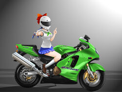  absurdres armpit_peek bakuon!! blue_hair blue_skirt bow braid breasts brown_footwear commentary_request female finger_gun from_side full_body gradient_background grey_background hairbow helmet highres kawasaki kawasaki_ninja_zx-12r kawasaki_raimu kneehighs loafers long_hair looking_at_viewer looking_back medium_breasts miniskirt motor_vehicle motorcycle motorcycle_helmet name_connection neckerchief outstretched_arm pleated_skirt red_bow riding school_uniform serafuku shadow shirt shoes short_sleeves sitting skirt socks solo straddling suzuki-shi twin_braids v visor white_shirt white_socks 