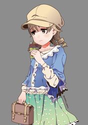  bad_id bad_pixiv_id blonde_hair brown_eyes drill_hair female hat idolmaster idolmaster_cinderella_girls looking_at_viewer morikubo_nono short_hair simple_background solo standing wavy_mouth yadokugaeru 