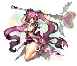  aisha_landar bad_id bad_pixiv_id bare_legs breasts cleavage dimension_witch_(elsword) elsword female full_body gloves highres holding holding_wand large_breasts limble long_hair miniskirt one_eye_closed photoshop_(medium) pointing purple_eyes purple_hair purple_skirt shoes skirt smile solo staff star_(symbol) twintails wand 