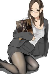  amatsu_marina black_jacket black_skirt breasts brown_eyes brown_hair brown_pantyhose cleavage closed_mouth commentary_request earrings female glasses grey_shirt highres jacket jewelry long_sleeves looking_at_viewer medium_breasts medium_hair miru_tights okuzumi_yuiko pantyhose pencil_skirt real_life semi-rimless_eyewear shirt simple_background sitting skirt sleeves_past_wrists smile solo under-rim_eyewear white_background yomu_(sgt_epper) 