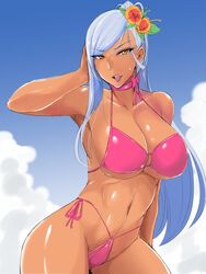  bare_shoulders bikini breasts choker cleavage code_geass dark_skin female flower ky. large_breasts lipstick long_hair looking_at_viewer makeup midriff pink_bikini pose shiny shiny_skin side-tie_bikini silver_hair solo thighs villetta_nu yellow_eyes 