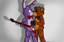  00kaori00 2014 animatronic anthro bear bonnie_(fnaf) bow_(feature) bow_tie duo five_nights_at_freddy&#039;s freddy_(fnaf) grey_background lagomorph leporid machine male mammal rabbit robot scottgames simple_background 