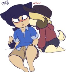  black_hair blonde_hair blush canid canine canis clothing covered_eyes domestic_dog duo femboy hair hair_over_eyes hi_res kissing male mammal niko_(pkfirefawx) pkfirefawx simple_background vin_(ng_canadian) white_background 