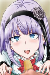  1boy @_@ blue_eyes blush commentary_request cross-eyed dagashi_kashi female food food_in_mouth hairband looking_at_viewer nail_polish okumori_boy parted_lips pov purple_hair red_nails shidare_hotaru short_hair solo_focus teeth tongue tongue_out umaibou 