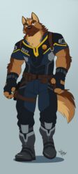  2015 anthro arm_tuft biceps boots canid canine canis chest_tuft clothed clothing countershading domestic_dog elbow_tuft electronics fingerless_gloves footwear fully_clothed fur german_shepherd gloves gun handgun handwear headgear headphones headset herding_dog hi_res holster male mammal muscular neck_tuft officer_benson pastoral_dog pecs pistol police ranged_weapon simple_background solo takemoto_arashi tuft uniform weapon 