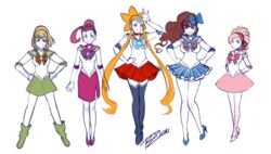  5girls ahoge arms_behind_back bandana bandana bishoujo_senshi_sailor_moon bliss_barson blue_skirt boots bow breasts brown_hair choker cosplay cryamore curly_hair deseret_amoir earrings elbow_gloves esmyrelda_maximus eyeshadow flat_color forehead_jewel freckles gloves green_skirt hair_bun hairband hairbow hand_on_hip hands_on_hips high_heels huge_ahoge jewelry long_hair magical_girl makeup mole multiple_girls orange_hair payot pleated_skirt red_hair red_skirt reiva_woodbrick robert_porter sailor_jupiter sailor_jupiter_(cosplay) sailor_mars sailor_mars_(cosplay) sailor_mercury sailor_mercury_(cosplay) sailor_moon sailor_moon_(cosplay) sailor_senshi sailor_senshi_(cosplay) sailor_venus sailor_venus_(cosplay) sidelocks signature skirt smile sorbet_la_carelle stiletto_heels thigh_boots thighhighs tiara vertical_stripes very_long_hair 