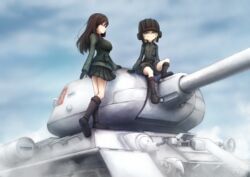  2girls black_footwear black_gloves black_skirt black_vest boots commentary_request dararito day emblem from_side girls_und_panzer gloves green_jacket helmet highres jacket katyusha_(girls_und_panzer) knee_boots long_hair long_sleeves looking_at_viewer looking_back military military_uniform military_vehicle miniskirt motor_vehicle multiple_girls nonna_(girls_und_panzer) on_vehicle outdoors parted_lips pleated_skirt pravda_(emblem) pravda_military_uniform red_shirt shirt short_hair short_jumpsuit sitting skirt sky smile standing standing_on_one_leg t-34 t-34-85 tank tank_helmet turtleneck uniform vest 