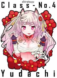  animal_ears azur_lane breasts claw_pose commentary_request female fingerless_gloves flower gloves grey_hair large_breasts navel oerba_yun_fang official_alternate_costume sarashi short_eyebrows tabika_(ryoka-moto-ryoka) thick_eyebrows white_hair wolf_ears yuudachi_(azur_lane) yuudachi_(shogun_of_snowballs)_(azur_lane) 