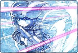  assault_rifle blue_theme blush bullet_line bullpup closed_mouth commentary_request female frown fur_trim gun hat holding holding_gun holding_weapon jacket llenn_(sao) long_sleeves monochrome p-chan_(p90) p90 rifle running sakino_shingetsu serious short_hair solo spot_color submachine_gun sword_art_online sword_art_online_alternative:_gun_gale_online weapon 