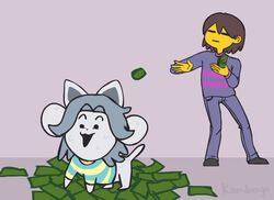  2015 ambiguous_gender animated bottomwear brown_hair canid canine clothed clothing digital_media_(artwork) duo female feral footwear frisk_(undertale) grey_background hair human kamdango loop mammal money open_mouth pants shirt shoes short_playtime simple_background smile standing tem temmie_(undertale) tipping topwear undertale undertale_(series) 