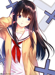  black_hair blue_eyes blush brown_cardigan cardigan commentary female jurrig koe_no_katachi long_hair looking_away open_cardigan open_clothes parted_lips school_uniform serafuku solo ueno_naoka upper_body 