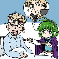  1boy ahoge bandaged_head bandages bed bedside belt black_eyes blonde_hair blood blood_on_bandages bowl brown_eyes cloak commentary_request facial_hair feeding female fire_emblem fire_emblem:_the_blazing_blade fire_emblem_heroes green_hair hairband huss imagining lloyd_(fire_emblem) long_sleeves multiple_views nino_(fire_emblem) open_mouth pajamas purple_hairband raised_eyebrow robe sad shirt short_hair siblings sitting sparkle spiked_hair spoon stubble teardrop wavy_mouth 