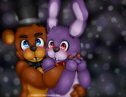  00kaori00 animatronic anthro bear bonnie_(fnaf) brown_body brown_fur duo five_nights_at_freddy&#039;s freddy_(fnaf) fur hi_res lagomorph leporid machine male mammal rabbit robot scottgames teeth 