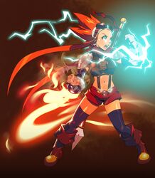  armor black_thighhighs boots clenched_hands commentary cryamore cryamore_condenser detached_sleeves electricity english_commentary esmyrelda_maximus female fighting_stance fire freckles gloves goggles goggles_on_head long_hair midriff navel official_art orange_eyes orange_hair pauldrons polearm red_shorts robaato scarf shorts shoulder_armor sidelocks solo spear spiked_hair suspenders thighhighs very_long_hair weapon 