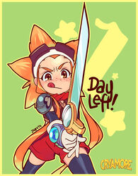  :q armor bandana black_thighhighs blush brown_eyes chibi copyright_name cryamore cryamore_condenser detached_sleeves esmyrelda_maximus female freckles goggles goggles_on_head juby long_hair neckerchief orange_hair pauldrons shorts shoulder_armor solo spiked_hair sword thighhighs tongue tongue_out weapon 